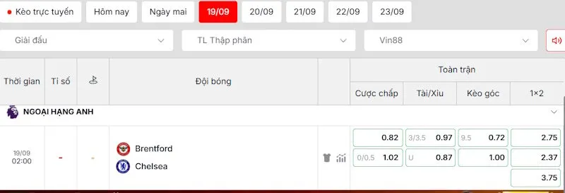 Bảng kèo trận đấu Brentford vs Chelsea